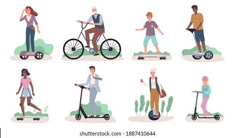 People riding ecology transport. Men and women drive personal modern street transportation, mobile green electric movement. Characters riding scooter and skateboard, hoverboard and bike vector set