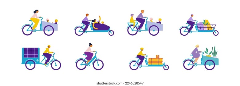 People riding electric bicycle set. Electric bikes, cargobike. Woman, man, courier, family, kids, children.  Flat vector illustration