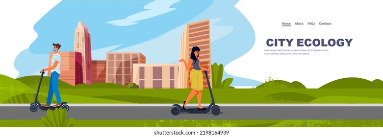 people riding electric scooter at city street ecological transportation city ecology concept cityscape background