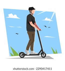 people riding electric scooter. concept of transportation, vehicle, eco-friendly. sunny morning background, grass, clouds. flat cartoon vector illustration.