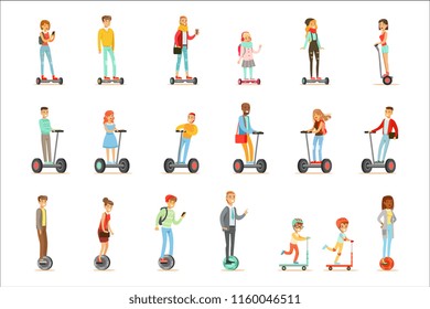 People Riding Electric Self-Balancing Batery Poweres Personal Electric Scooters Whith One Or Two Wheels, Set Of Cartooon Characters