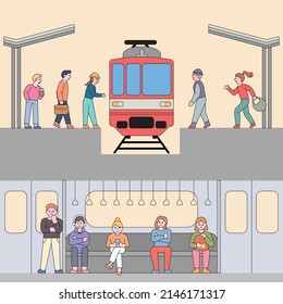 Gente en tren eléctrico. Viajeros sentados y parados en carruaje. Esbozar diseño plano estilo de ilustración vectorial mínima establecida para los pasajeros del metro, desplazamiento, concepto de transporte público.