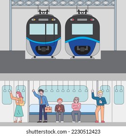 People riding electric train. Commuters sitting and standing in carriage. Outline flat design style minimal vector illustration set for metro passengers, commuting, public transport concept.