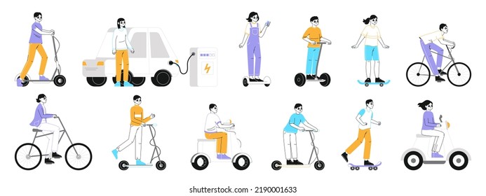 People riding electric vehicles, eco transport, scooter and bicycle. Man and woman ride gyroscooter, skateboard or motorbike flat vector illustration collection. Eco friendly transportation riders