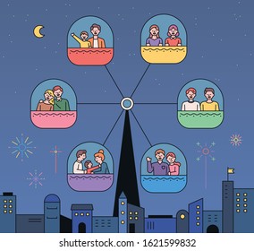 People riding the ferris wheel. There are buildings at the bottom of the dark night background. flat design style minimal vector illustration.