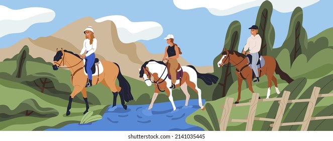 People riding horse backs in nature. Horseback riders crossing river. Friends walking, sitting on stallions saddles. Equestrians and summer landscape. Horseriding activity. Flat vector illustration