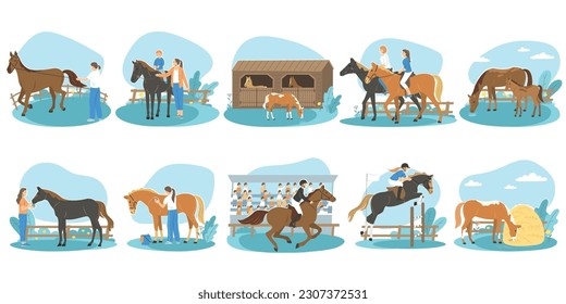 People riding horseback looking after horses running in race flat set isolated vector illustration