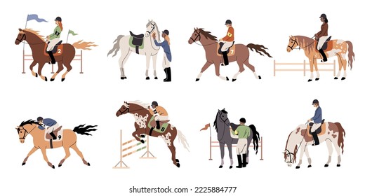 People riding horses. Horsemen in jockey clothes and helmets, professional equestrian, riding training, different stallions, gallop and jump, male and female characters, tidy vector set