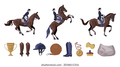 People Riding Horses Set, Equestrian Sport Equipment, Horse Riding Essentials and Grooming Tools Vector Illustration