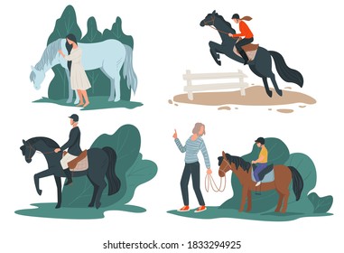 People riding horses, sports of equine hobby for amateurs. Isolated personages on ranch or countryside. Woman teaching son to sit horseback, professional jockey in motion vector in flat style