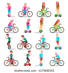 People Riding Hoverboard, Bicycle Vector. City Bike. Outdoor Sport Activity. Gyro Scooter. Activity. Two-Wheel Electric Self-Balancing Scooter. Eco Friendly. Isolated Illustration