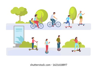 People riding kick scooter, gyro scooter, bicycle, skateboard. People family together kids relax in city park active lifestyle sports vector illustration