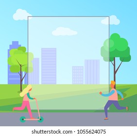 People riding kick scooter or running on skate rollers in summertime city park. Vector illustration with frame with room for text in center