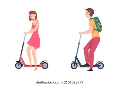 People riding kick scooters set. Young man and woman using eco friendly vehicles cartoon vector illustration