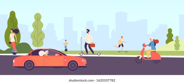 People Riding. Man Woman With Electric Vehicles Ride Motorbike Skateboard Scooter Skate. Happy Girl Rides Car. Vector City Park Landscape With Flat Characters