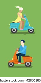 People riding moped vector creative flat design illustration set. Young man in casual and woman in dress drive blue orange scooter side view on green background. 