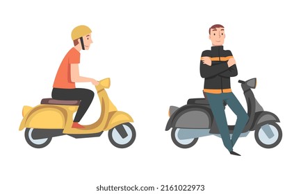 People riding motorbikes set. Young men using two wheeled transport cartoon vector illustration