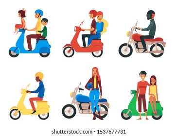 People riding motorcycle - flat cartoon set isolated on white background. Man, woman, family and couple sitting and standing next to motorbike or scooter - vector illustration.