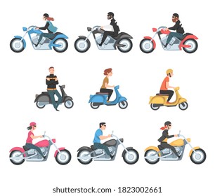 People Riding Motorcycles and Scooters Set, Side View of Young Men and Women Riding on Two Wheels Transport Concept Cartoon Style Vector Illustration