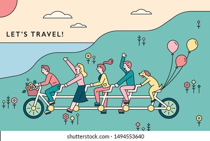 People riding multiplayer bikes together. flat design style minimal vector illustration.