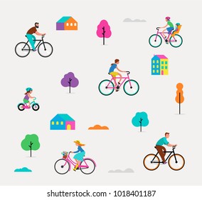 People riding on bicycles in the park, outdoor scene with active family vacation. Vector illustration, pattern