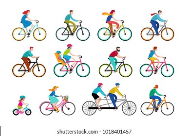 People riding on bicycles in the park, active family vacation. Collection of vector illustrations and elements