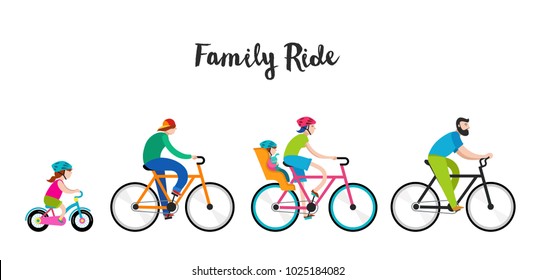 People riding on bicycles in the park, active family vacation. Vector illustration