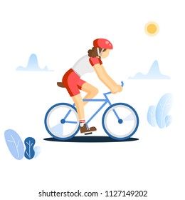 People riding on bicycles in the park, Vector illustration - bicycle riding man. Park, forest, trees and hills on background. Vector illustration
