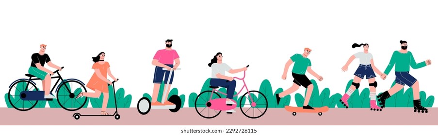 People riding on different devices. Modern transportation with bicycle, scooter, rollers. Summer rest and outdoor free time, young characters vector scene