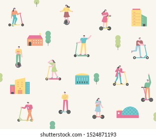 People riding on electric scooters and buildings are patterned like icons. flat design style minimal vector illustration.