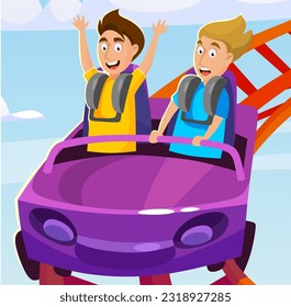 Gente montando en una montaña rusa en un parque de diversiones. Los muchachos emocionados y felices ríen y gritan en un carro de la atracción. Antecedentes de una aventura en el campo de las hadas. Ilustración vectorial de dibujos animados