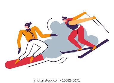 People riding on skis, winter extreme sport, isolated characters vector. Sportsmen or skiers jumping from mountain and showing trick, competition. Wintertime resort, sporting equipment, recreation
