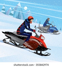 People riding on a snowmobile - winter sport concept. Vector illustration