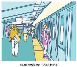 People are riding on the subway that came into the platform. hand drawn style vector design illustrations.