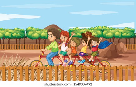 People riding on tandem bike in the park illustration