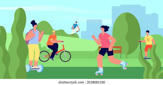 People riding in park. Teens on skateboard and roller ski, urban active men and women vector concept