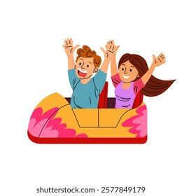 People riding roller coaster. Young people having fun in an artacion park. Hilarity. Flat illustration on white background.