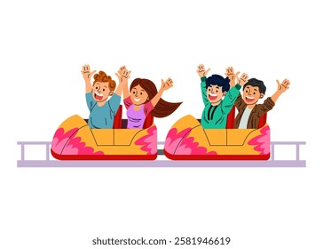 People riding a roller coaster. Young people having fun at an amusement park. Fun. Flat illustration on white background.