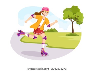 People Riding Roller Skates in City Park for Outdoor Activity, Sports Recreation or Weekend Recreation in Flat Cartoon Hand Drawn Template Illustration
