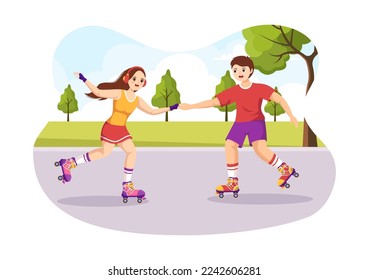 People Riding Roller Skates in City Park for Outdoor Activity, Sports Recreation or Weekend Recreation in Flat Cartoon Hand Drawn Template Illustration