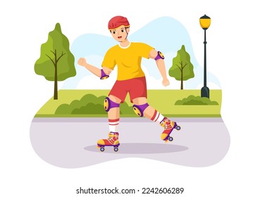 People Riding Roller Skates in City Park for Outdoor Activity, Sports Recreation or Weekend Recreation in Flat Cartoon Hand Drawn Template Illustration