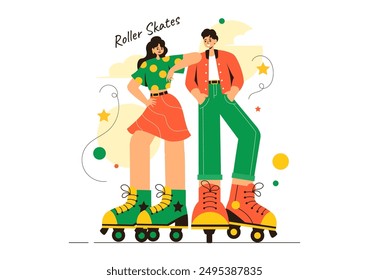 People Riding Roller Skates in a City Park for Outdoor Activities, Sports Recreation or Weekend Leisure on Flat Cartoon Background Vector Illustration