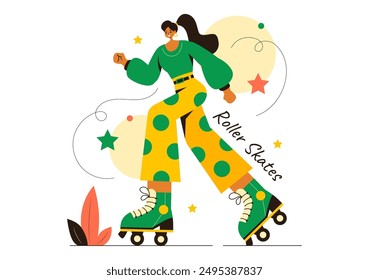 People Riding Roller Skates in a City Park for Outdoor Activities, Sports Recreation or Weekend Leisure on Flat Cartoon Background Vector Illustration