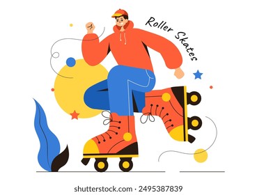 Personas Montar patines en un parque de la ciudad para actividades al aire libre, Ocio deportivo o ocio de fin de semana en Ilustración vectorial de fondo de dibujos animados plana