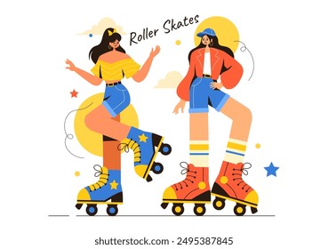 People Riding Roller Skates in a City Park for Outdoor Activities, Sports Recreation or Weekend Leisure on Flat Cartoon Background Vector Illustration