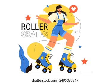 People Riding Roller Skates in a City Park for Outdoor Activities, Sports Recreation or Weekend Leisure on Flat Cartoon Background Vector Illustration