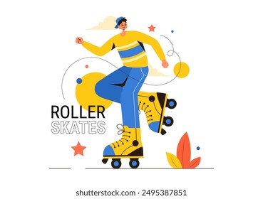 People Riding Roller Skates in a City Park for Outdoor Activities, Sports Recreation or Weekend Leisure on Flat Cartoon Background Vector Illustration