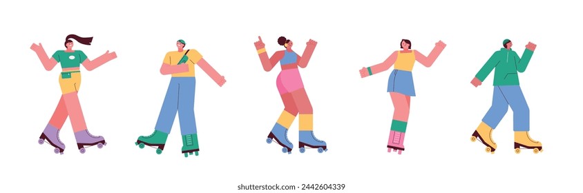 People riding roller skates. flat design style vector illustration.