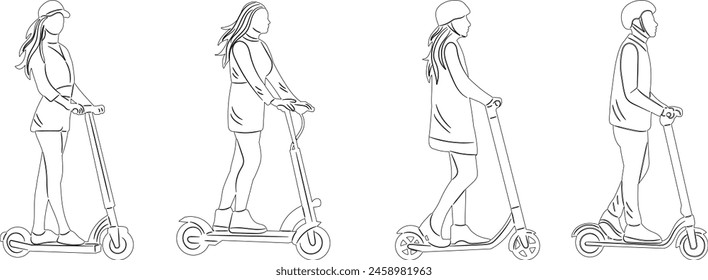 people riding a scooter sketch on a white background vector