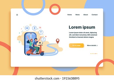 People riding scooter, using navigation app and city map on mobile phone for tracking. Vector illustration for commuting, modern technology, travel, location concepts
